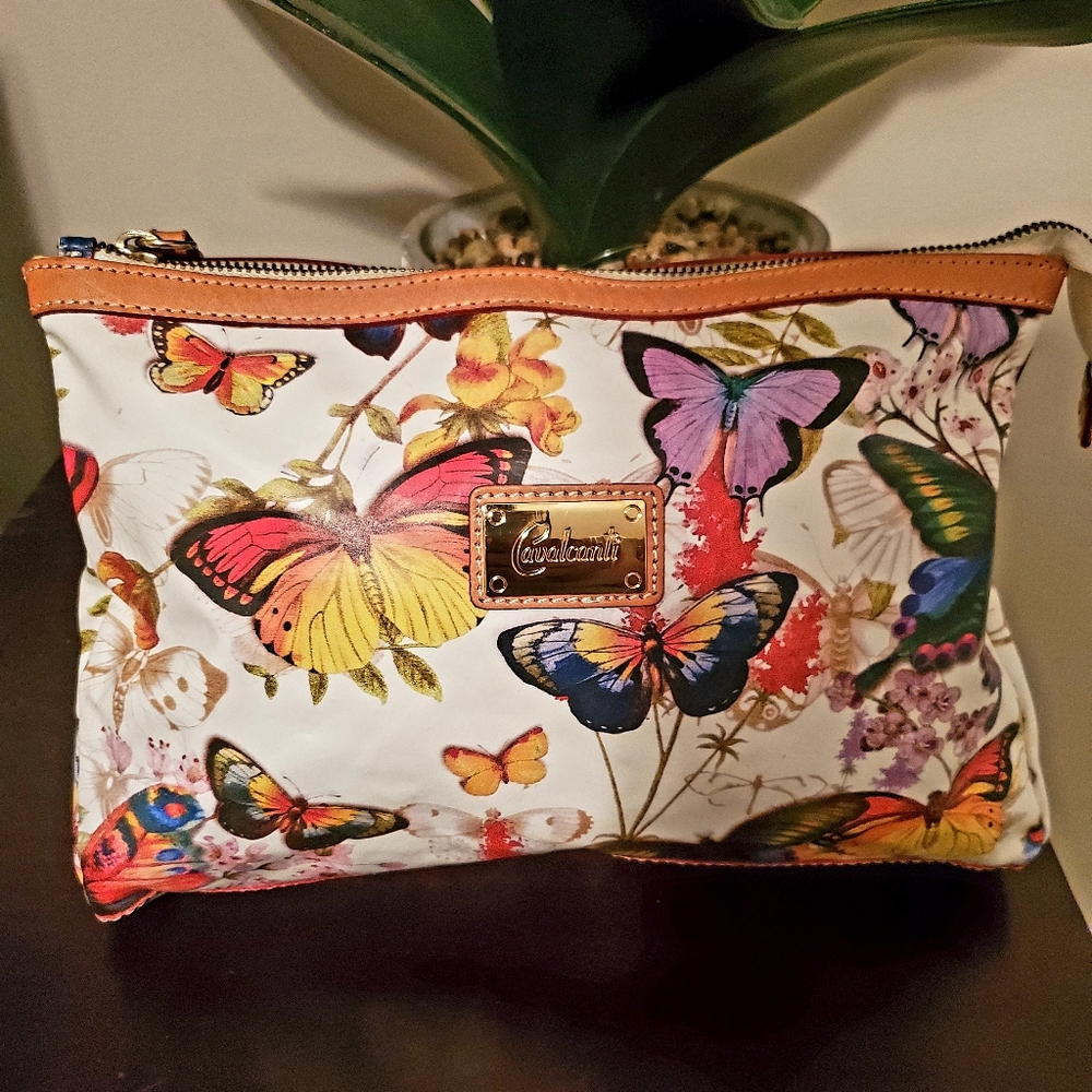 White Italian leather rainbow butterfly clutch